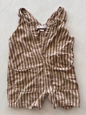 ZARA Girls Brown Beige Striped Sleeveless Cotton Button Romper Pockets 5Y